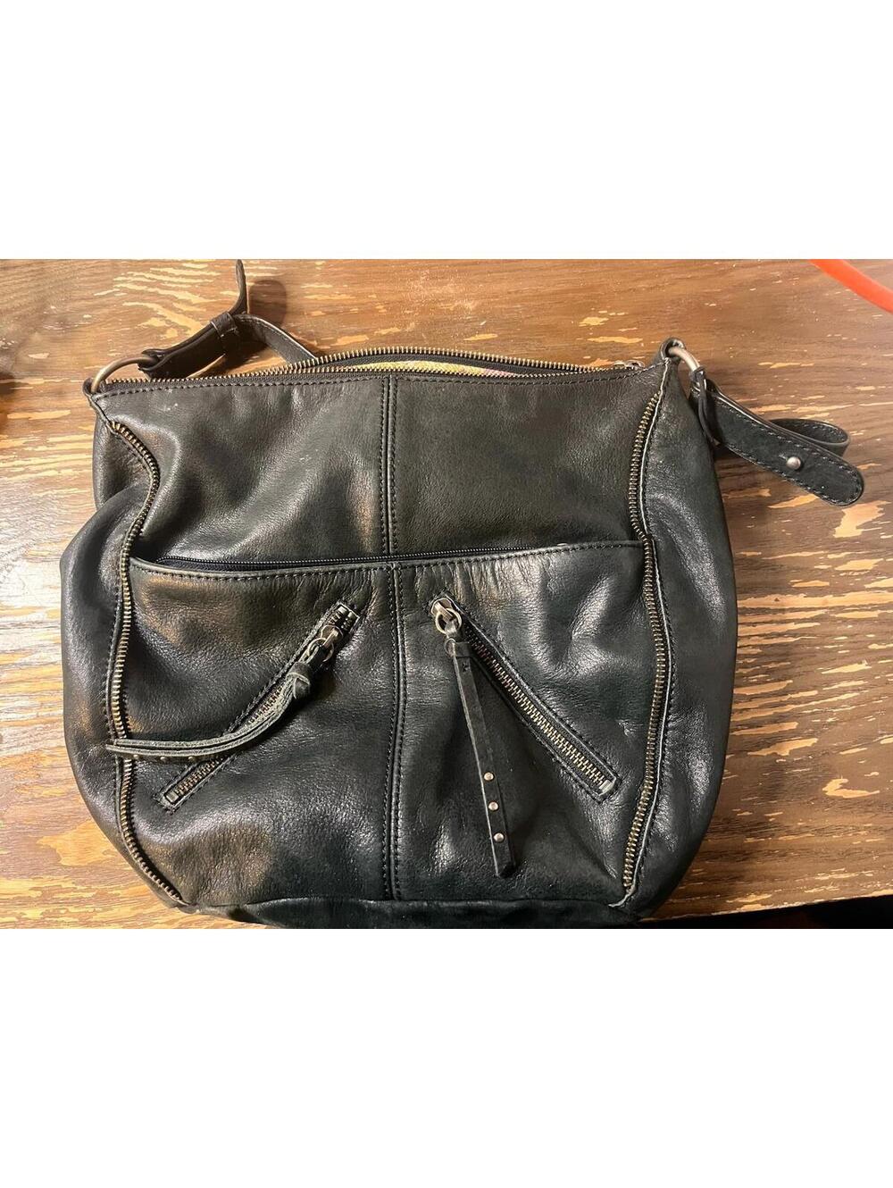 The Sak Black Leather Medium Zip Top Shoulder Bag Adjustable Strap Purse Bag